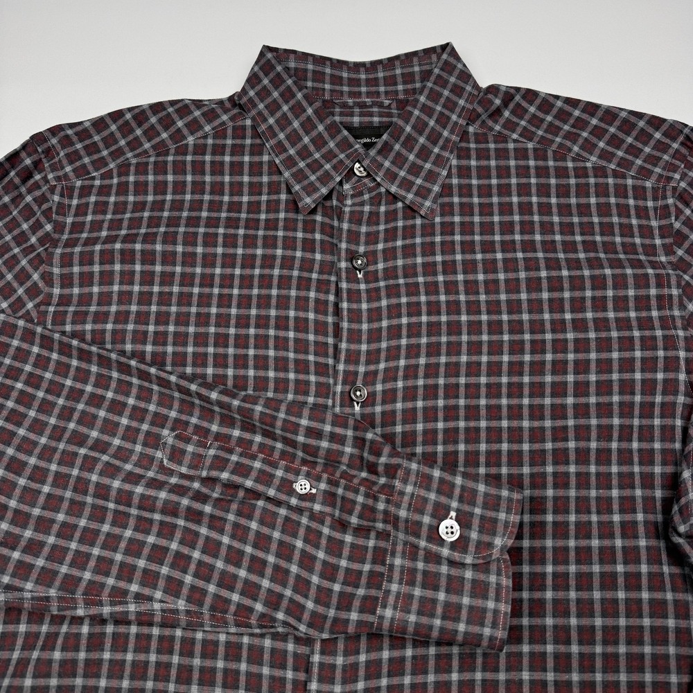 Ermenegildo Zegna Shirt Mens Large Red Plaid Long Sleeve Button Up